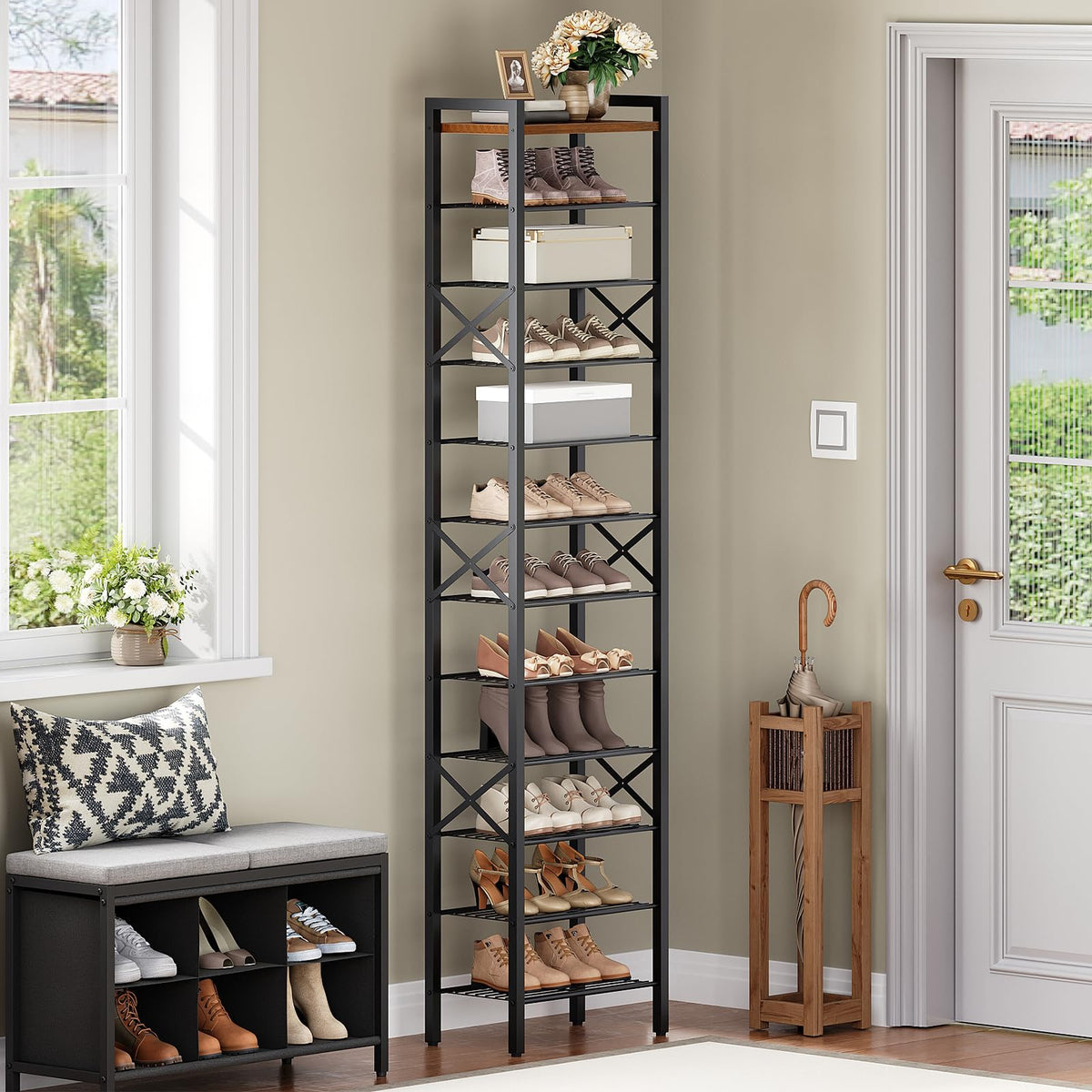YATINEY narrow shoe rack in hallway demonstrates space-saving profile for small spaces.