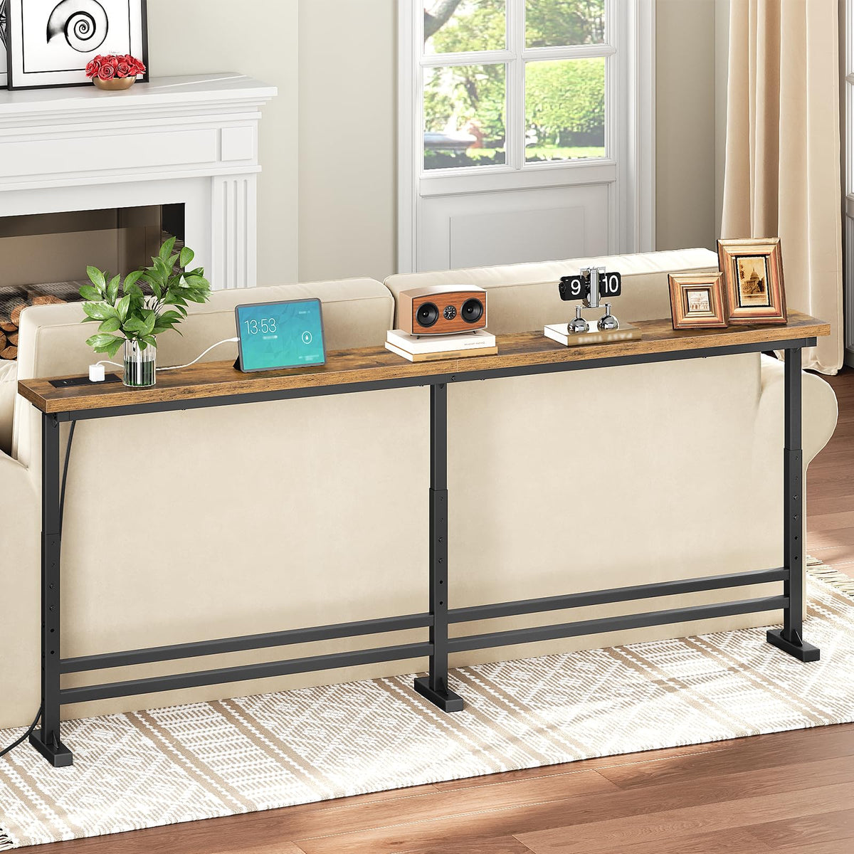 YATINEY skinny long sofa table for narrow spaces in rustic brown and black.
