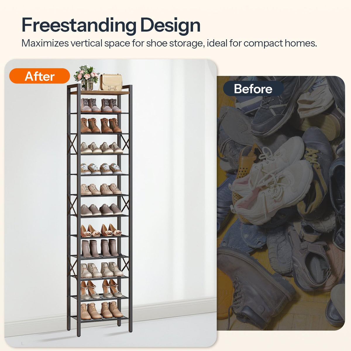 YATINEY wooden-top display on rack highlights decorations while organizing footwear.