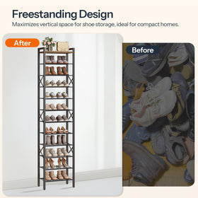 YATINEY wooden-top display on rack highlights decorations while organizing footwear.
