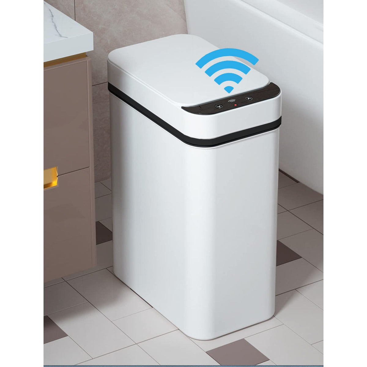 Yatmung 2.5 gallon smart trash can opens its sensor lid for hands-free disposal.