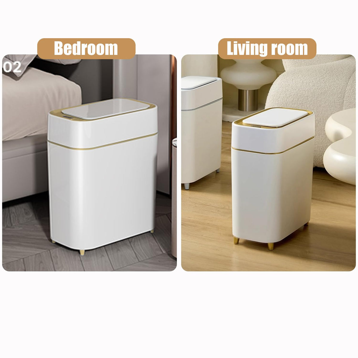 Yatmung decorative trash bin in white with gold legs suitable for bathrooms.