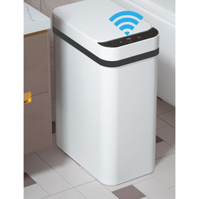 Yatmung Skinny Trash Can with motion sensor opens hands-free for bathroom convenience.