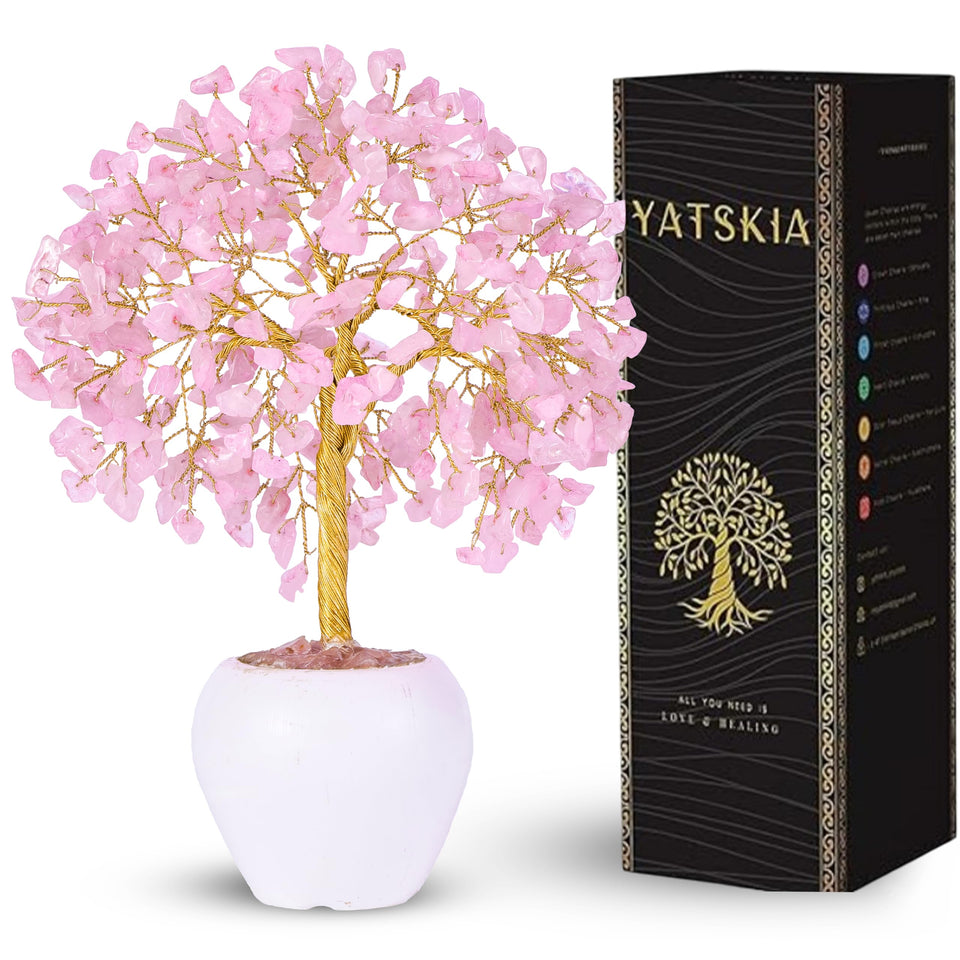 YATSKIA Rose Quartz Tree with silver wires, ideal for elegant room decor.