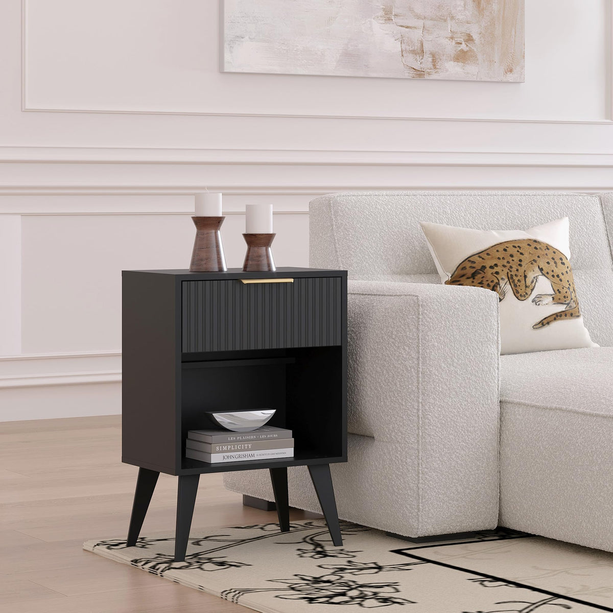 YAUKOMEL bedside table shown in a bedroom setting for versatile use.