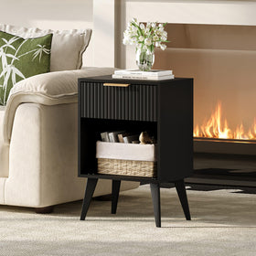 YAUKOMEL black finish top adds a sleek bedside surface.