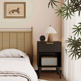 YAUKOMEL nightstand with drawer open view shows accessible storage.