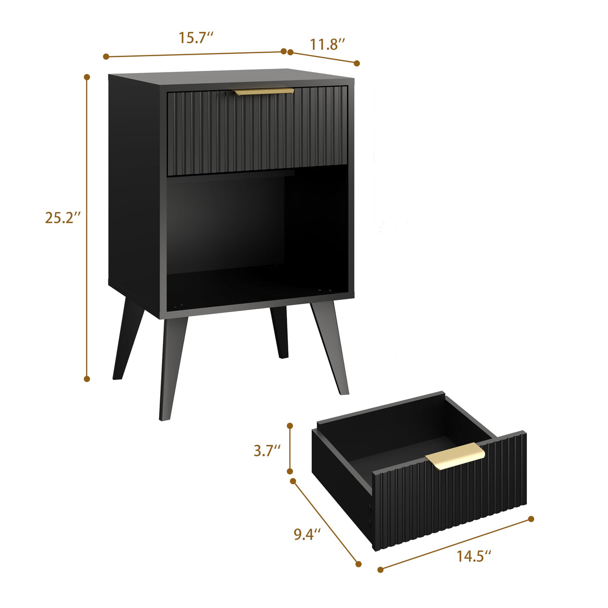 YAUKOMEL nightstand open shelf storage keeps remotes and glasses within reach.