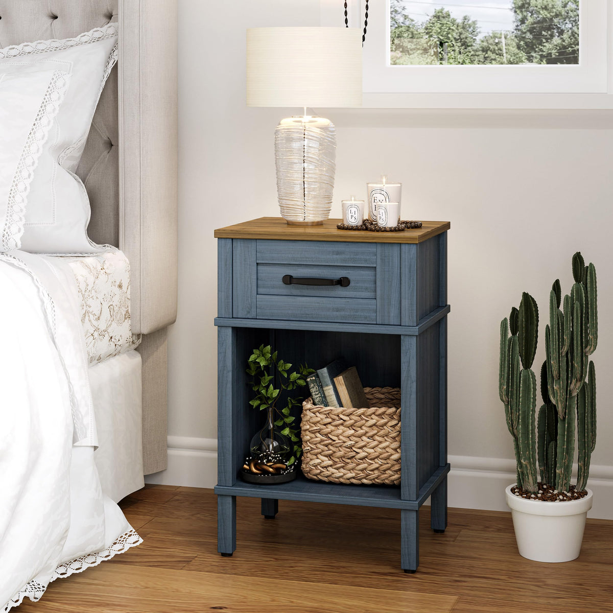 YAUKTAK blue end table with storage and drawer for compact spaces.