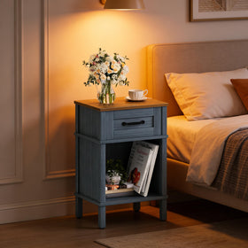 YAUKTAK small farmhouse nightstand with blue drawer finish, ideal bedside storage.