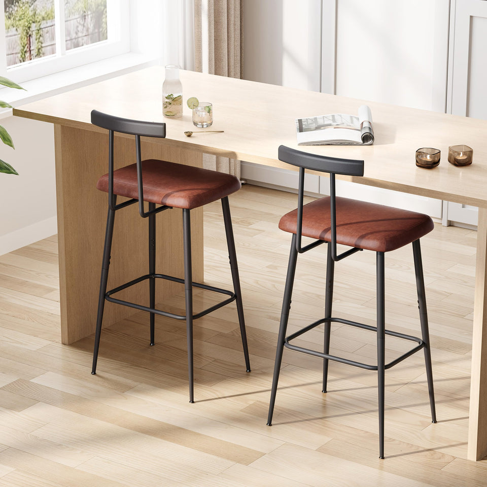 YAUKTAK bar stool set 2 front view highlighting sturdy metal frame and PU leather seat