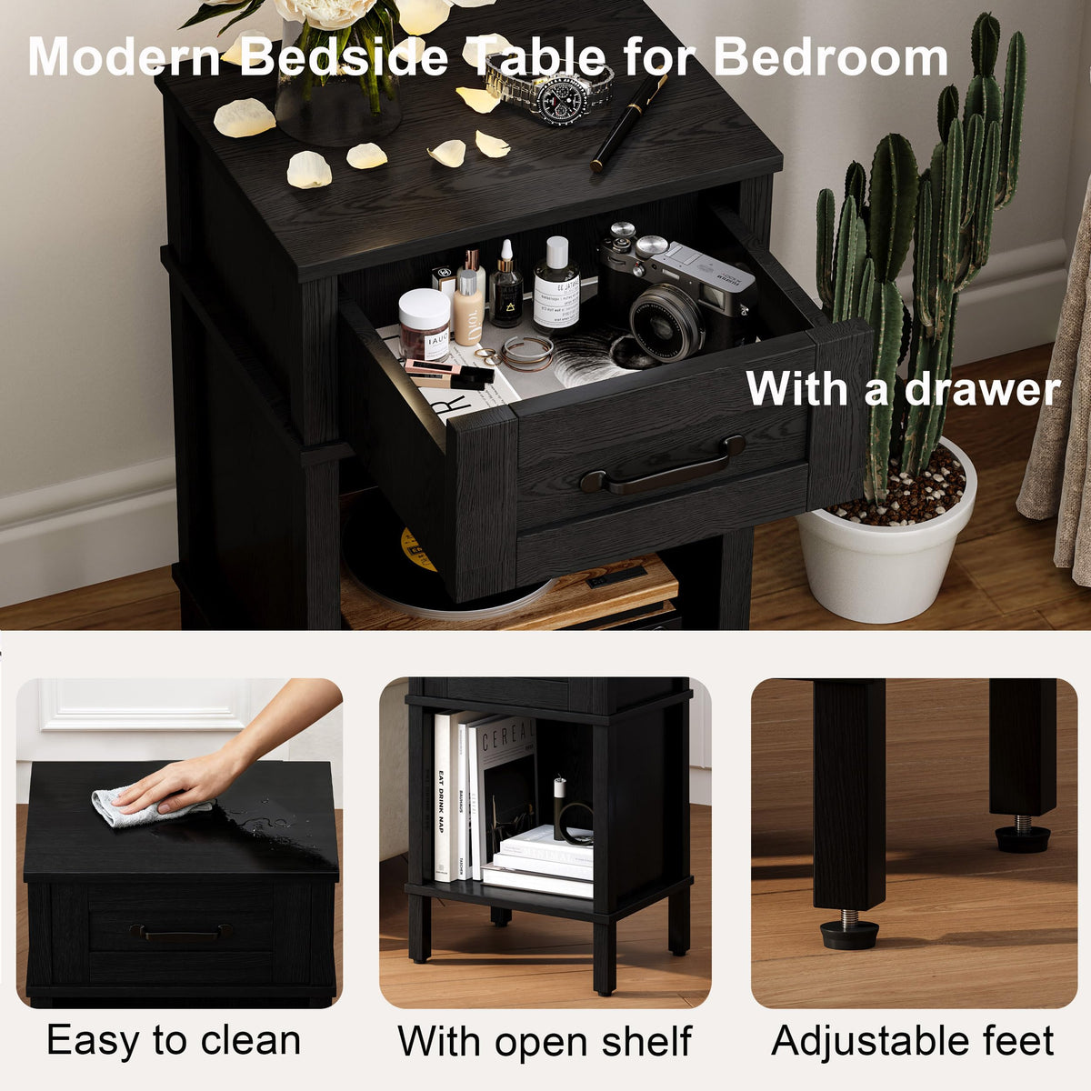 YAUKTAK nightstand assembly view, hints at quick setup with labeled parts.