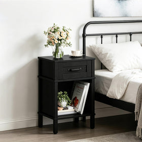 YAUKTAK farmhouse nightstand with drawer, front view, enhances bedside storage.