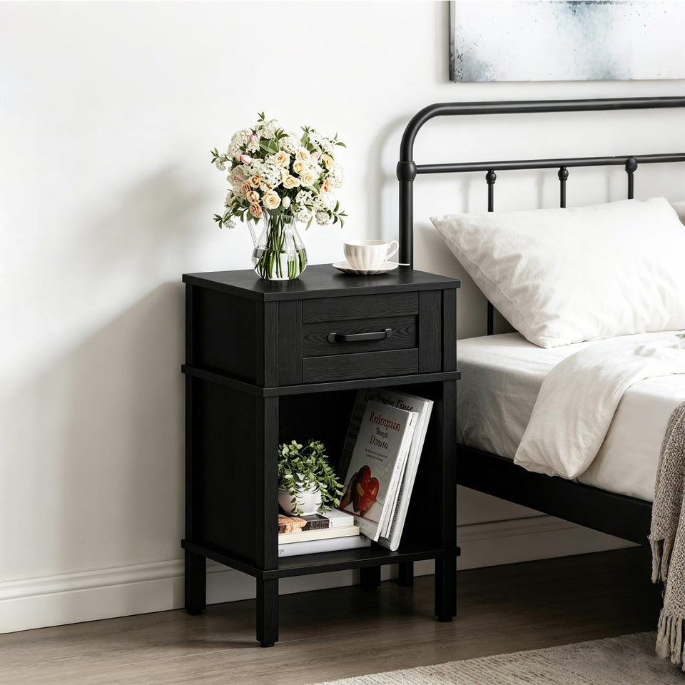 YAUKTAK farmhouse nightstand with drawer, front view, enhances bedside storage.