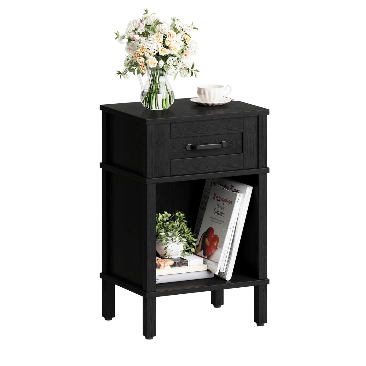 YAUKTAK nightstand drawer, side view, showcasing sturdy engineered wood construction.
