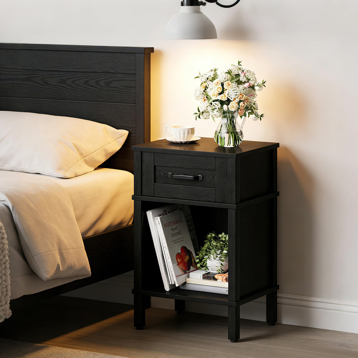 YAUKTAK nightstand dimensions reveal compact bedside storage fit.