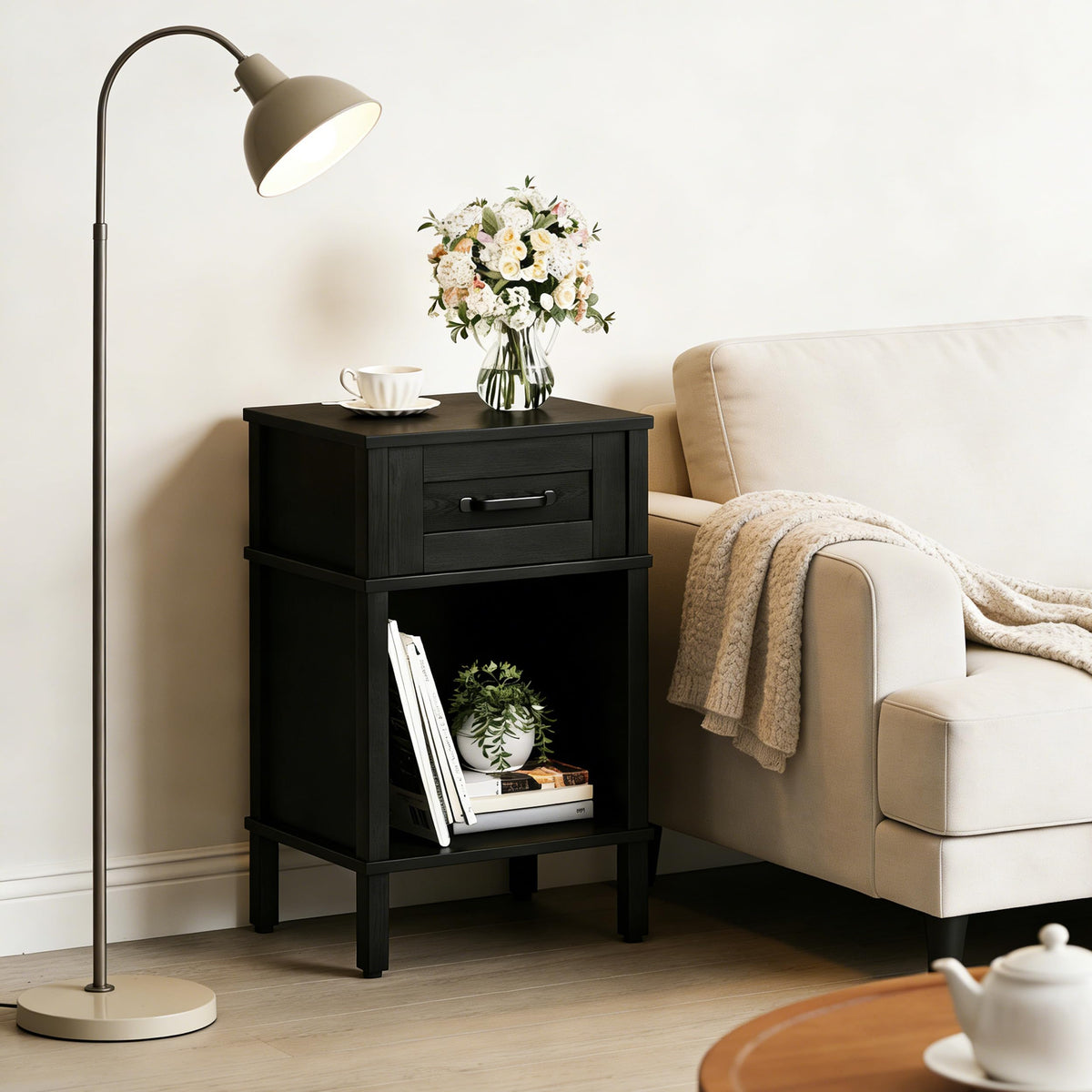 YAUKTAK nightstand drawer, drawer open, easy access for essentials.