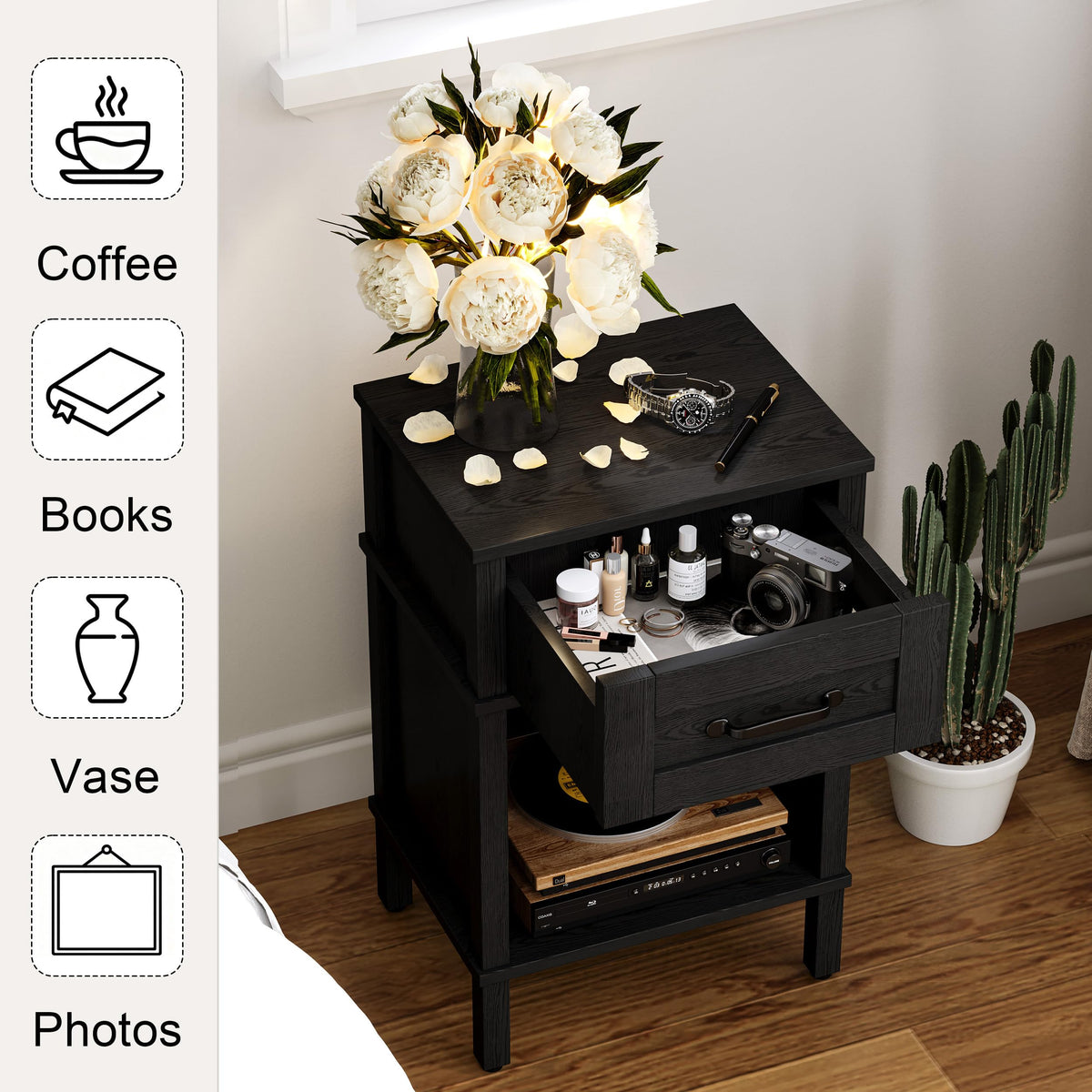 YAUKTAK farmhouse nightstand top surface close-up, scratch-resistant finish.