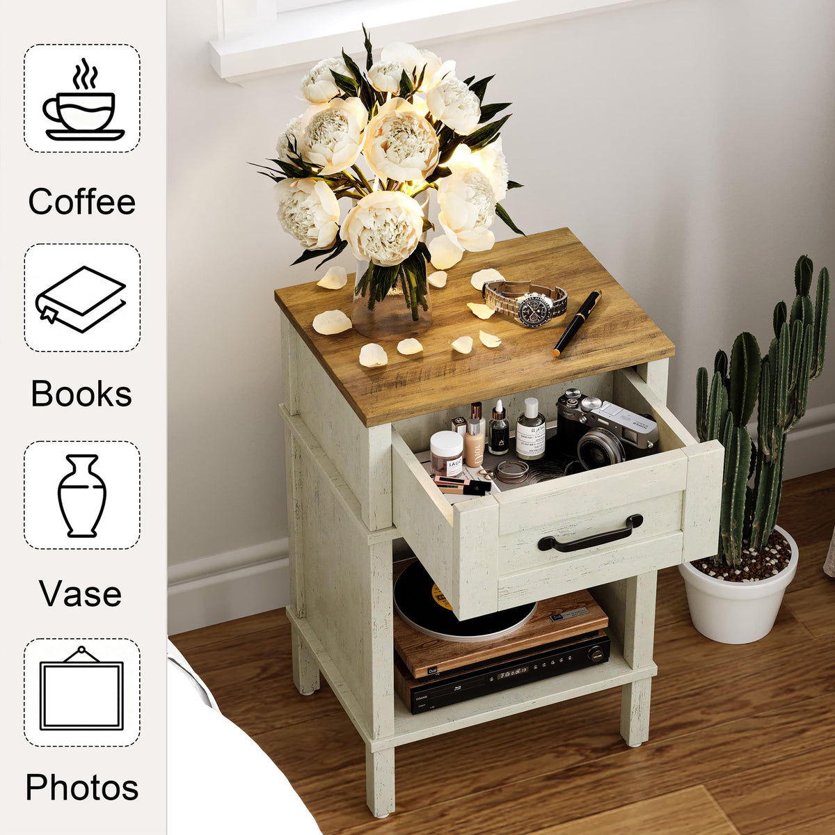 YAUKTAK nightstand in a bright bedroom scene demonstrates versatile storage