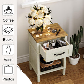 YAUKTAK nightstand in a bright bedroom scene demonstrates versatile storage