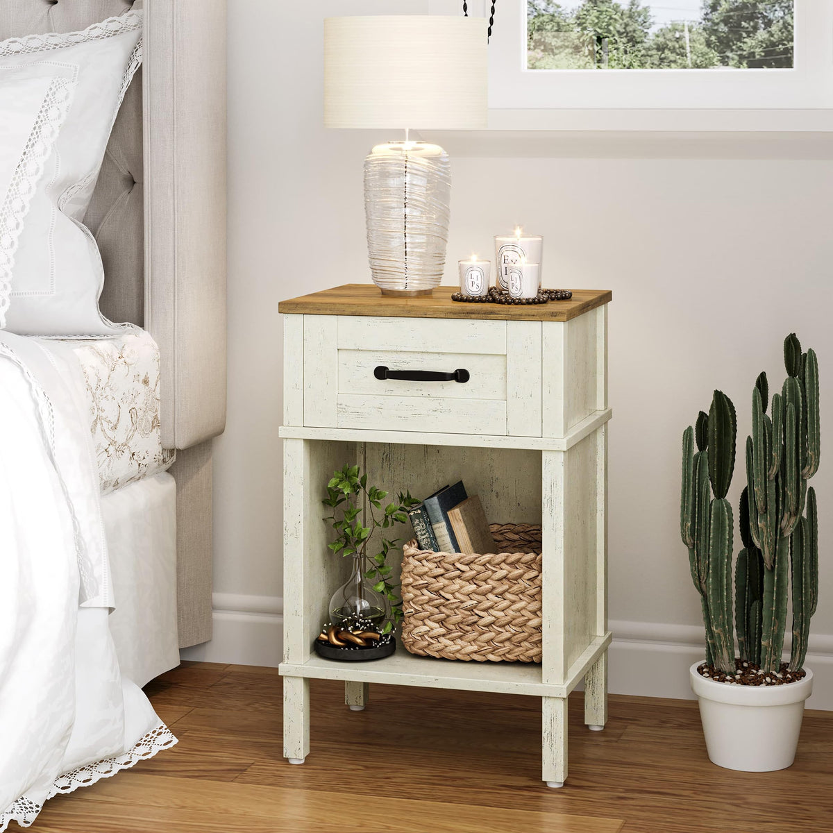 YAUKTAK nightstand drawer open interior shows ample space for essentials