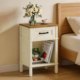 YAUKTAK white farmhouse nightstand drawer front view highlights sturdy bedside storage