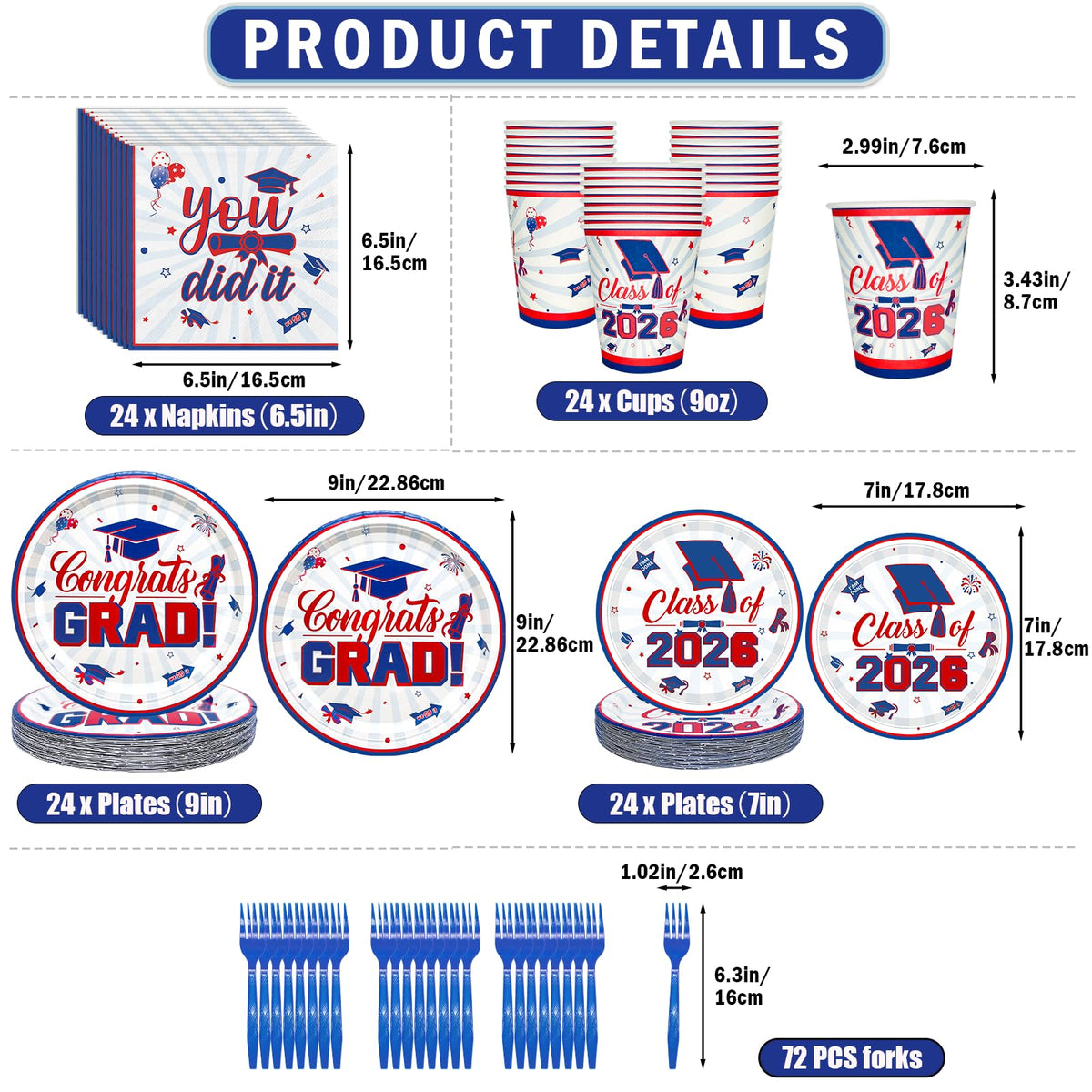 Yavxzvbw 122Pcs grad-plate-7in complements serving options with a coordinated blue-white theme.