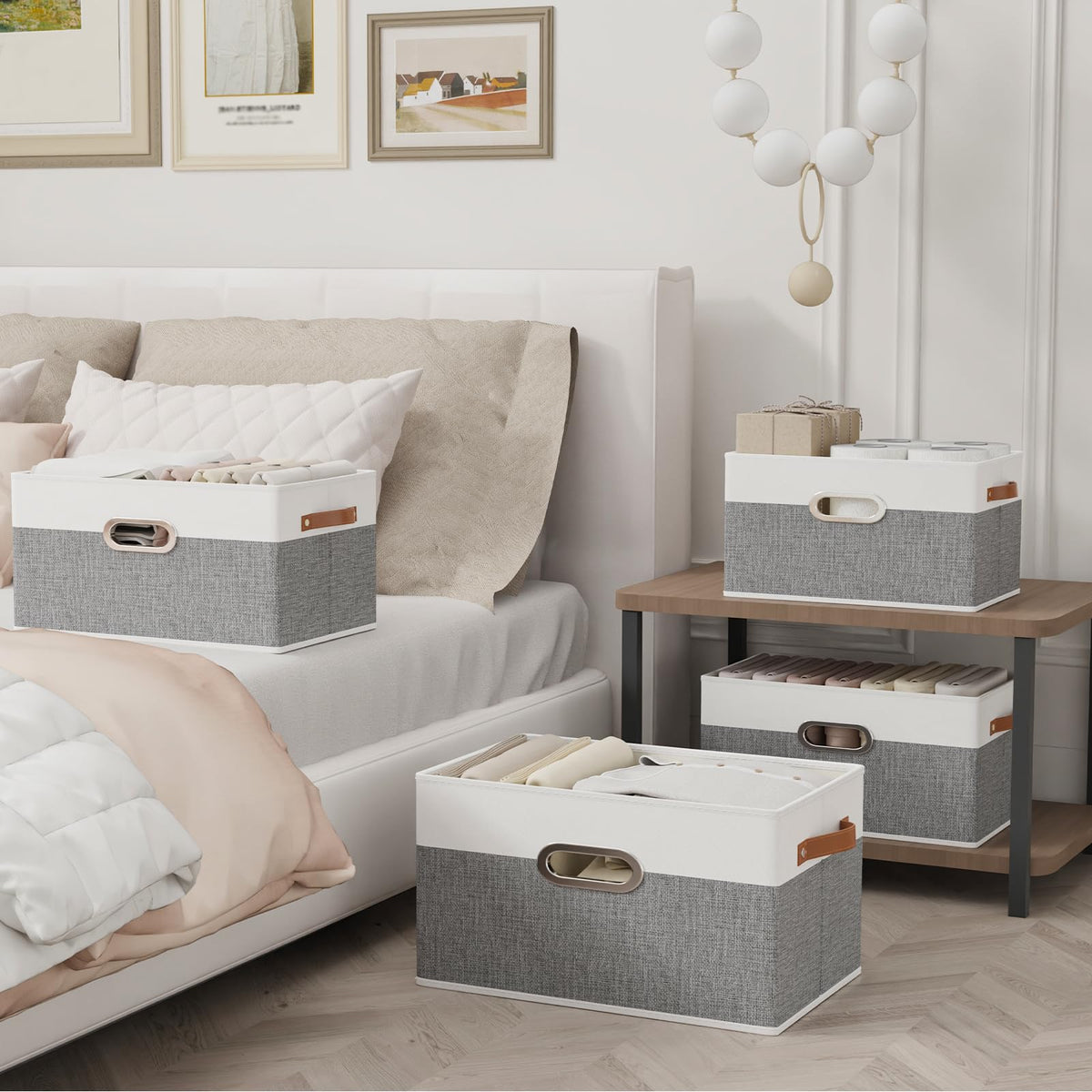 Yawinhe canvas bin with 3 handles for easy lifting from shelves