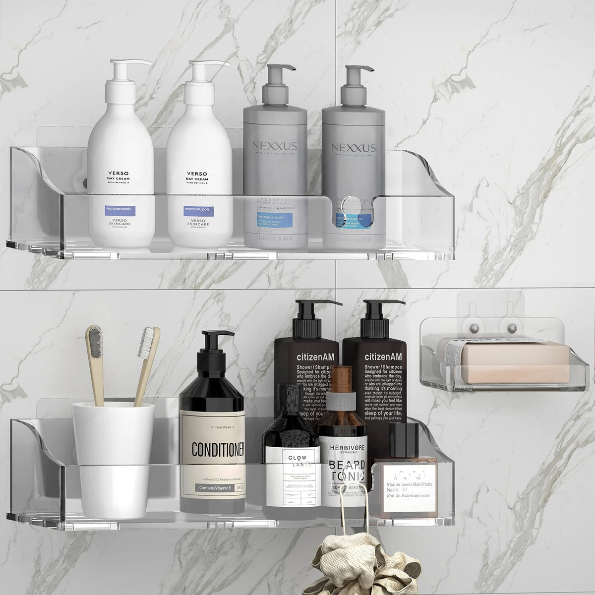 YAWSOUP acrylic shower shelves three-pack on-wall mount keeps shampoo organized and accessible