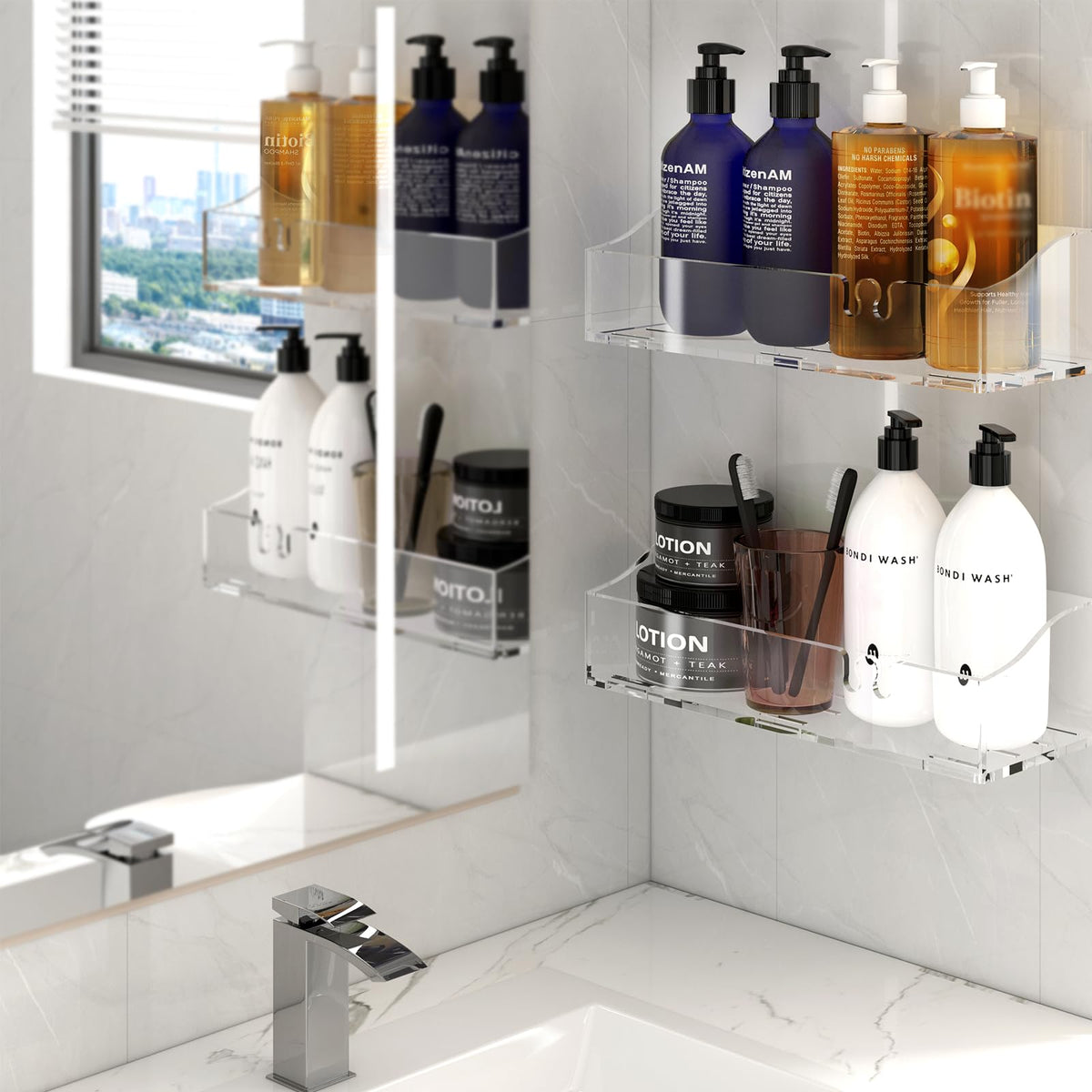 YAWSOUP soap holder on acrylic shelves keeps soap dry and within reach