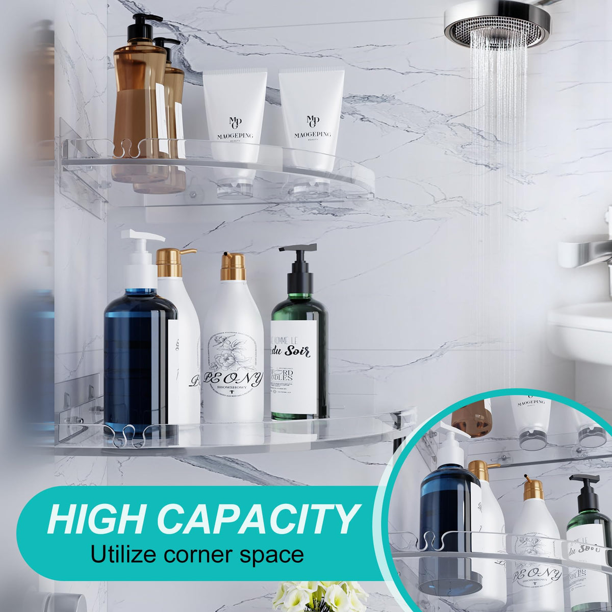 YAWSOUP adhesive shower caddy wall mount keeps tall bottles secure
