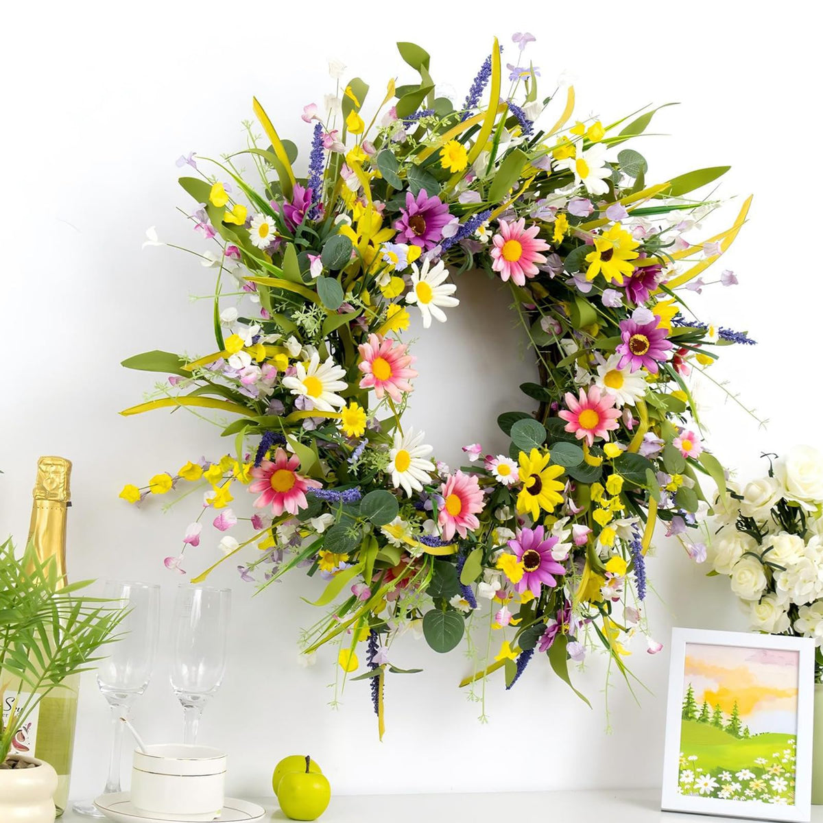 Yawwind handmade wreath shows sturdy, fixed floral branches for lasting display.