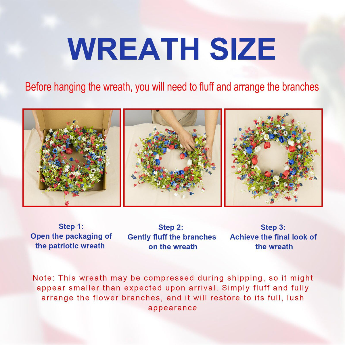 Yawwind Independence Day wreath features colorfast tulips for long lasting celebration decor.