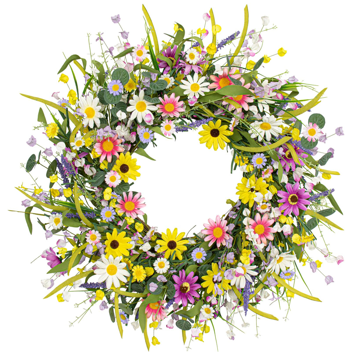 Yawwind 24-inch wildflower wreath with daisies and lavender for a welcoming front door.