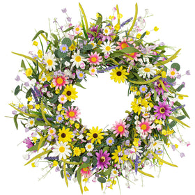 Yawwind 24-inch wildflower wreath with daisies and lavender for a welcoming front door.
