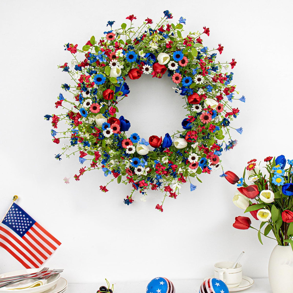 Yawwind front porch wreath brings festive red, white, blue accents to any space.