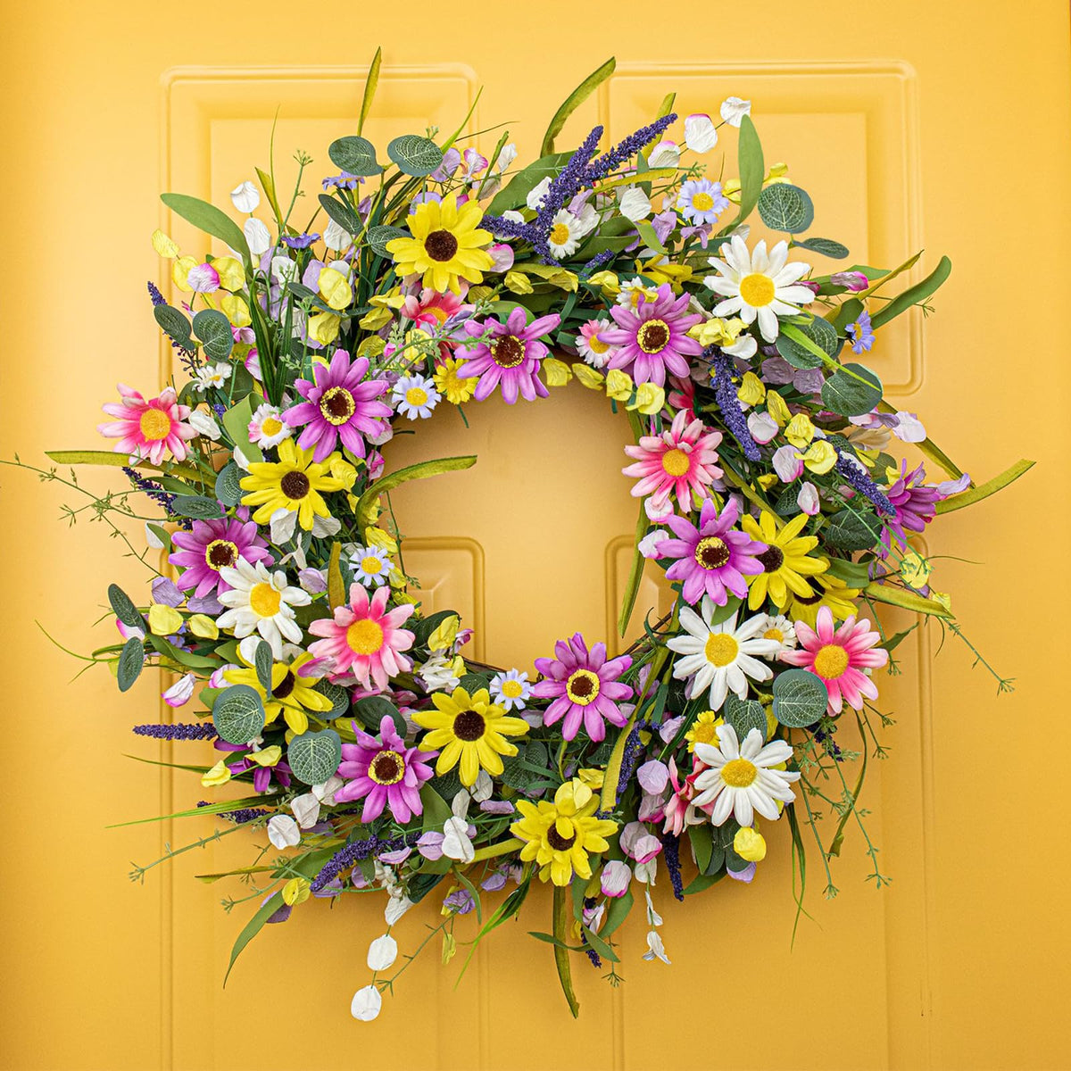Yawwind close-up of colorful wildflowers, daisies and lavender, ideal for porch decor.