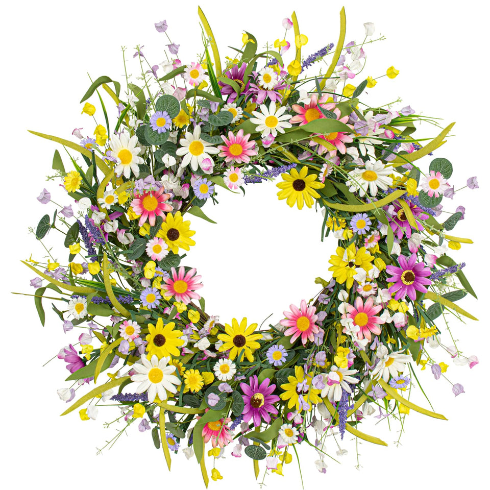 Yawwind wreath with daisy and lavender front door boosts curb appeal.