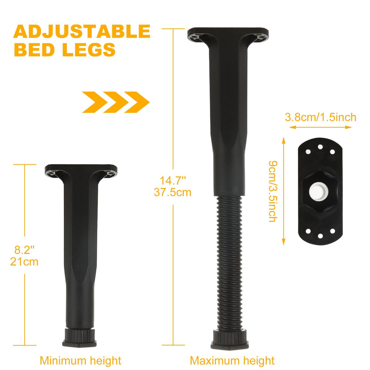 YAYODS adjustable legs showing 8.2 to 14.7 inch height range on an uneven floor