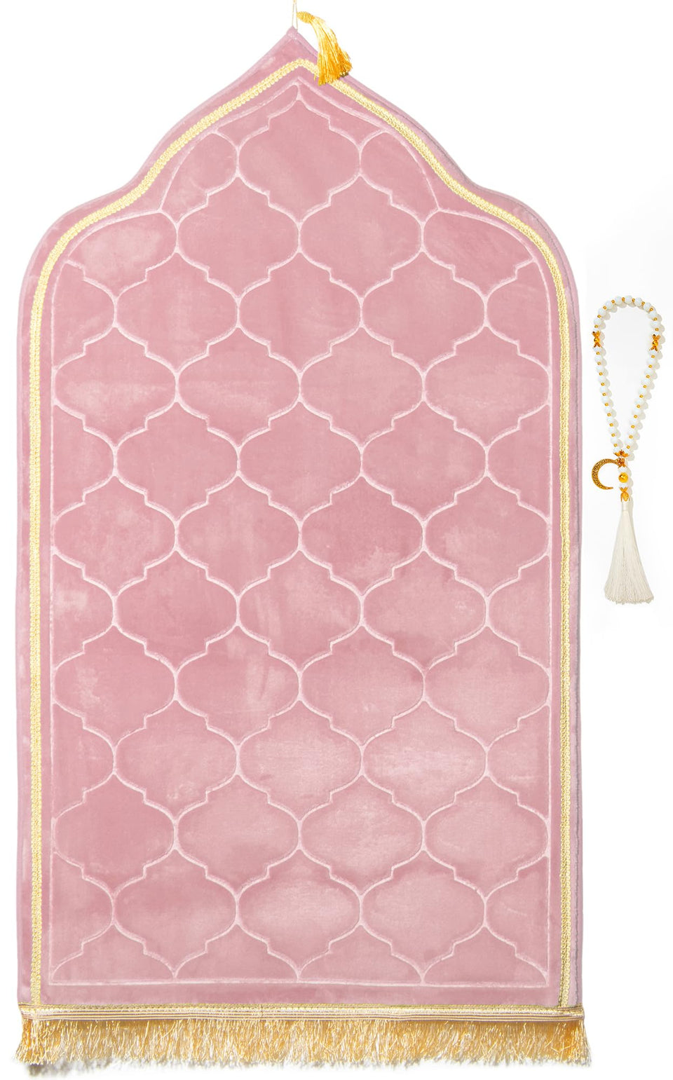 YAZEIN pink prayer rug with tasbih beads for a complete daily ritual
