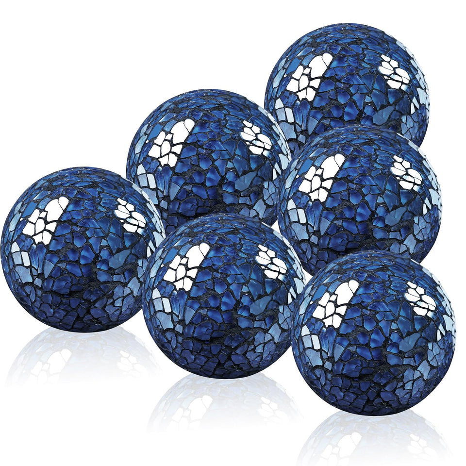 Yazikisa blue mosaic glass ball enhances coffee table lighting and ambiance.