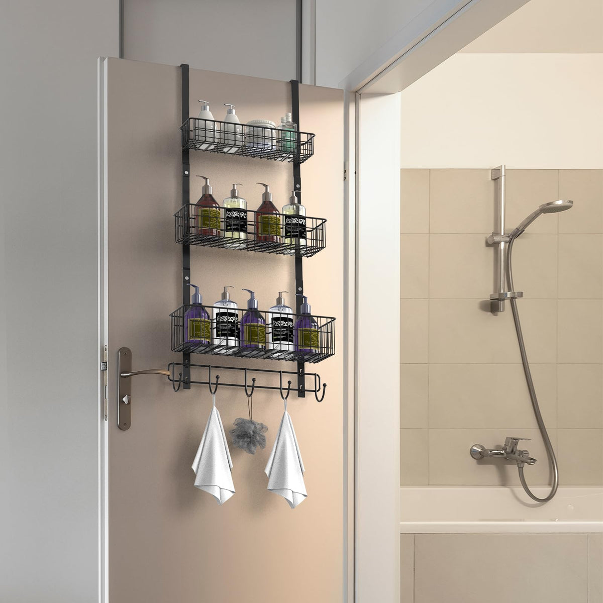 YBING black finish over-door rack showcases minimalist, space-saving design