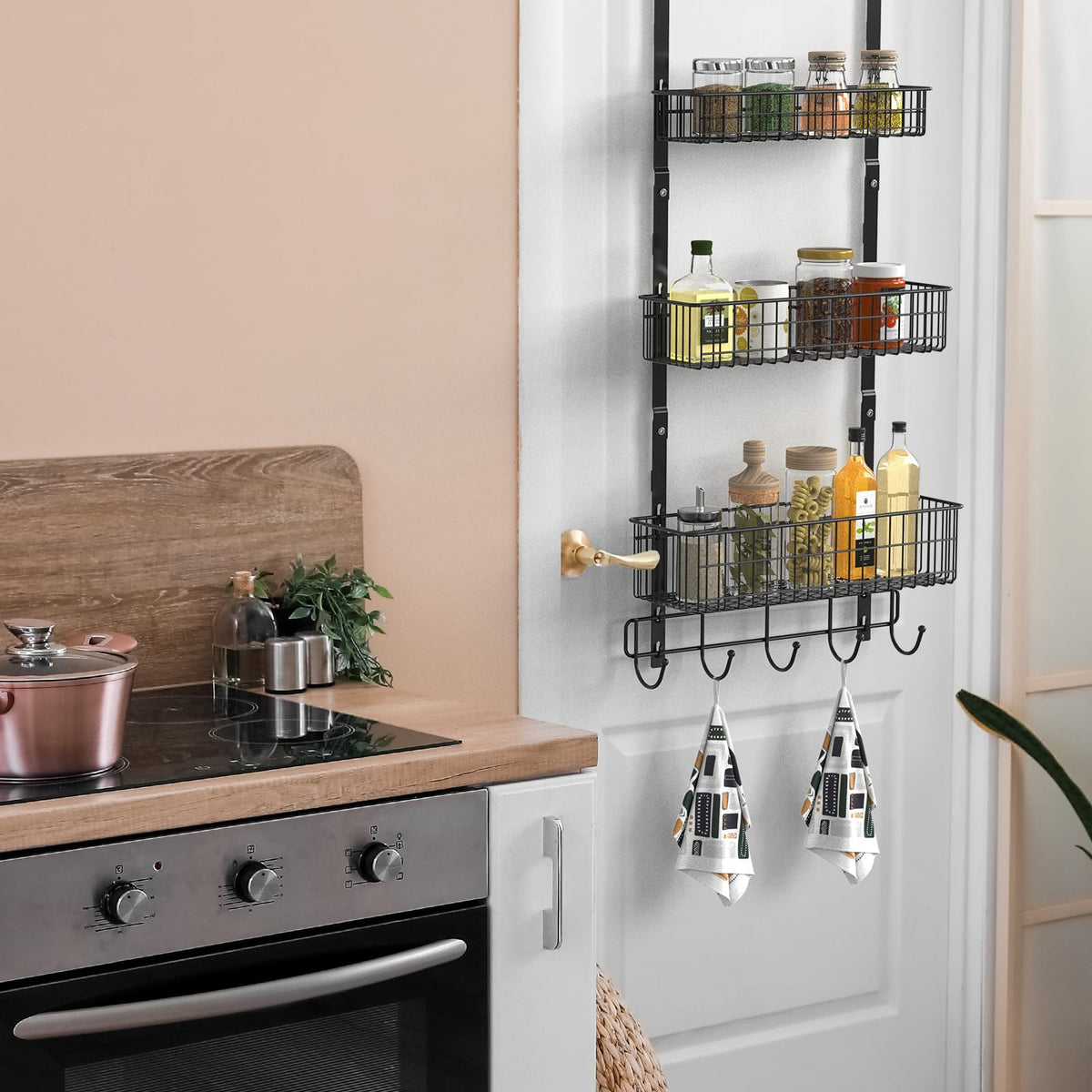 YBING door organizer with hooks for hanging utensils and towels