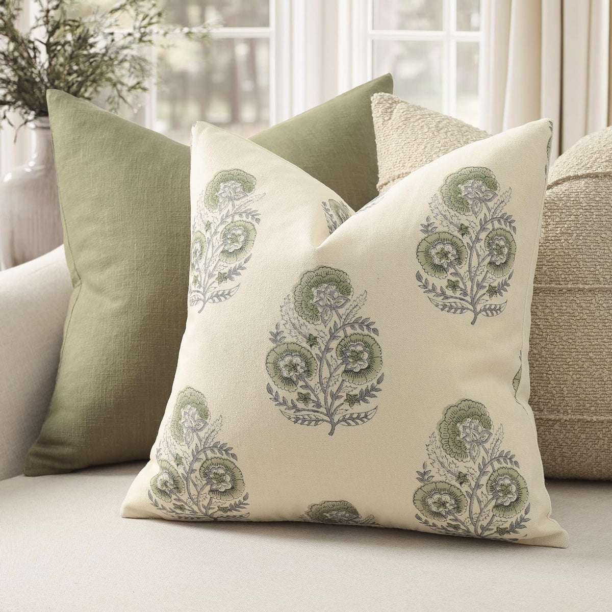 YCOLL sage green vintage pattern pillow cover highlighting classic style for living rooms.