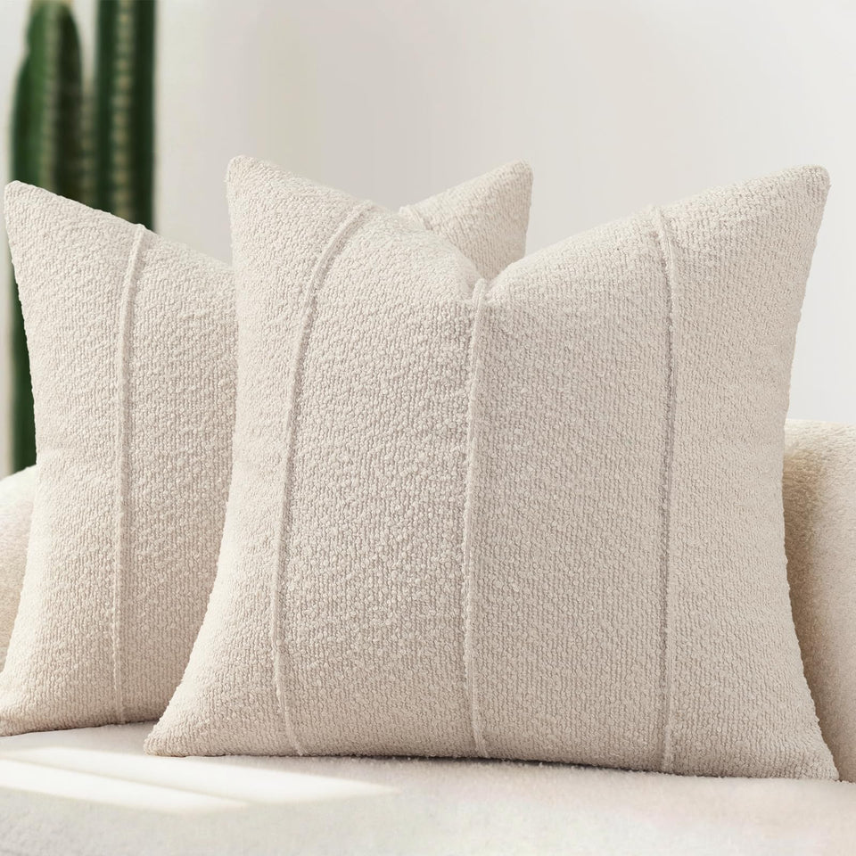 YCOLL textured boucle pillow cover front view adds subtle dimension to a sofa.