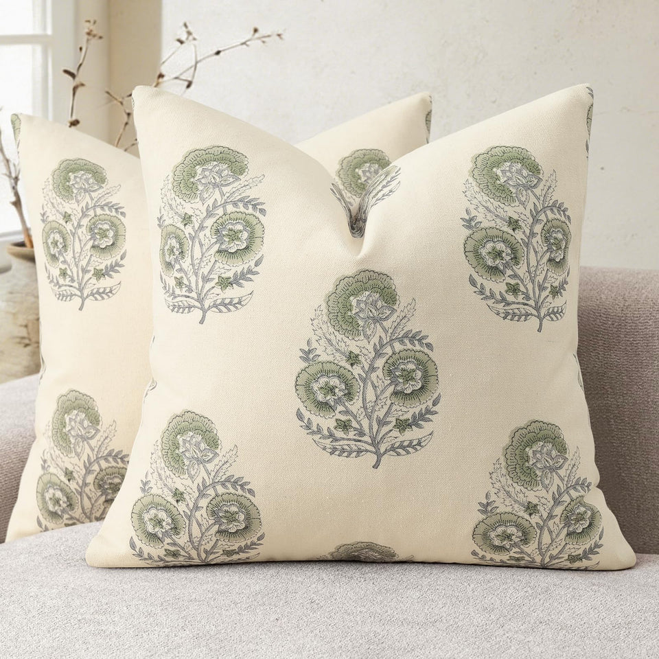 YCOLL vintage floral pillow cover with beige base and sage green accents adds cozy, easy-care style.