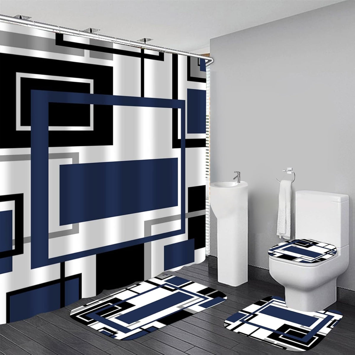 Yddsky blue geometric shower curtain adds modern style and quick-drying protection.