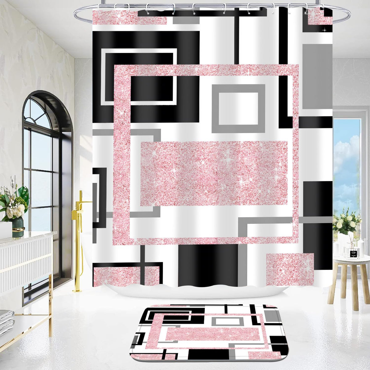 Yddsky pink geometric decor adds contemporary flair to any bathroom