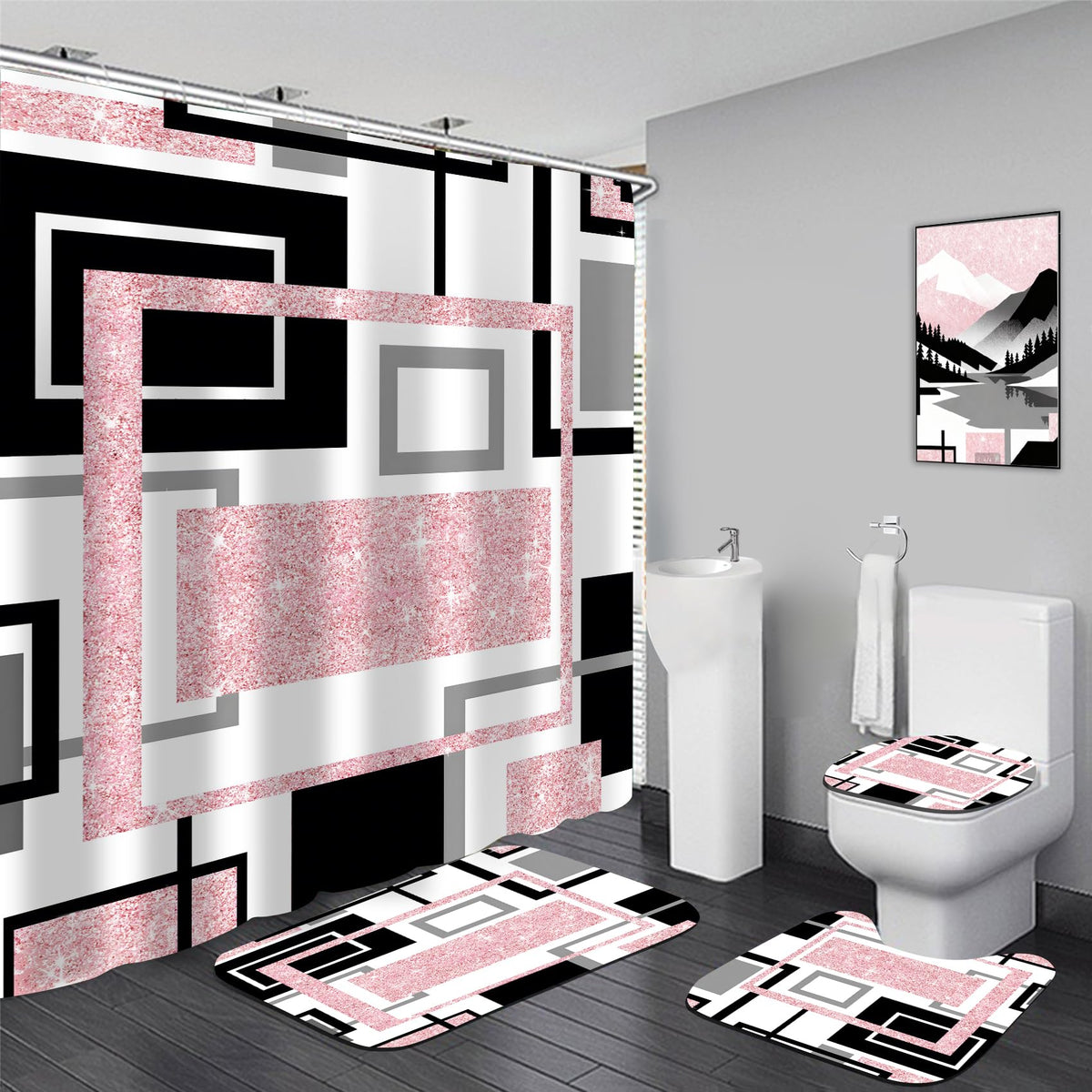 Yddsky pink geometric shower curtain showing waterproof fabric for a stylish bathroom