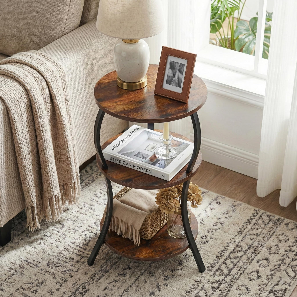 YEAKOO vintage round side table close-up shows durable finish